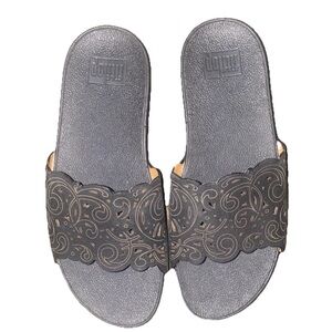 FitFlop Urban Flora Laser-Cut Black Leather Women Slide-On Sandals US 8